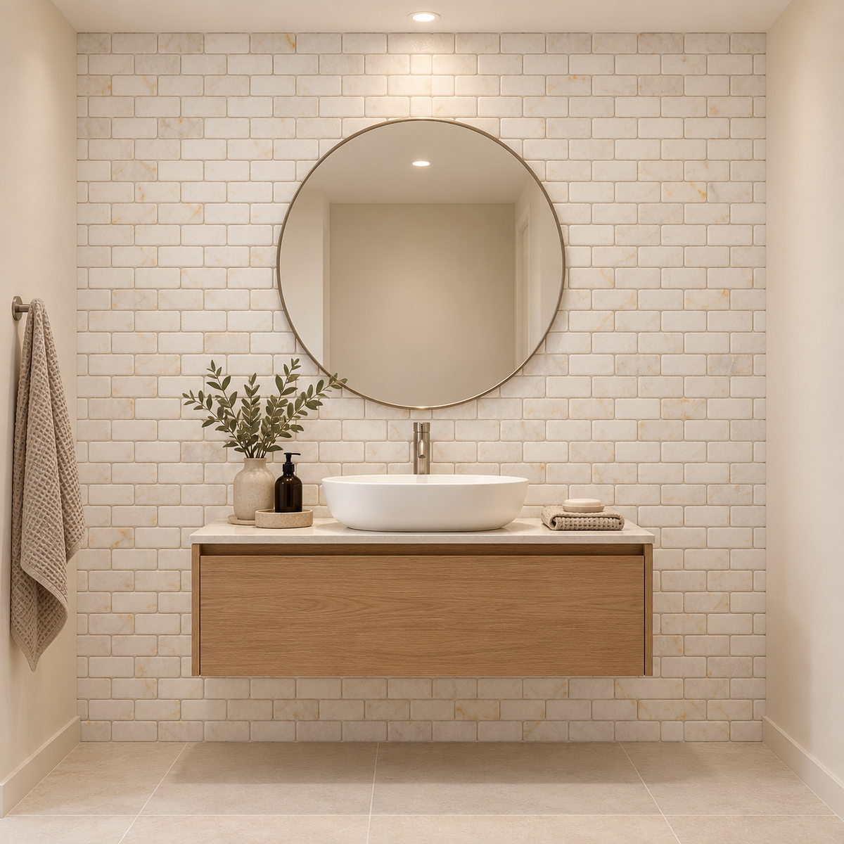 Calacatta Sugar Tumbled Marble Brick Mosaic Tiles 50x100: installed on a windowless bathroom vanity feature wall