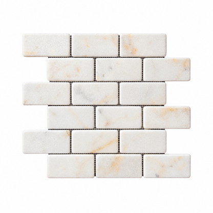 Calacatta Sugar Tumbled Marble Brick Mosaic Tiles 50x100: front view of one complete mesh-mounted sheet