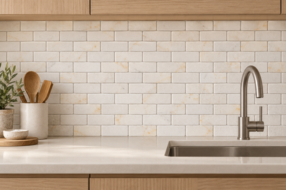 Calacatta Sugar Tumbled Marble Brick Mosaic Tiles 50x100: installed as a kitchen splashback above a cream worktop
