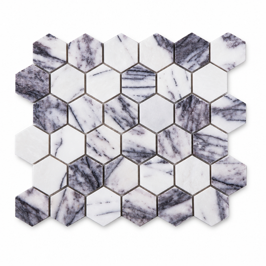 Calacatta Viola Polished Marble Hexagon Mosaic Tiles – complete mosaic sheet viewed from the front on white.