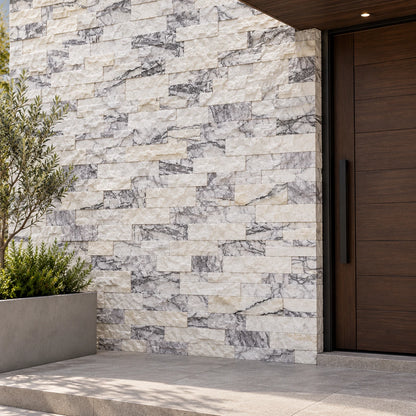 Calacatta Viola split face marble wall cladding beside a dark timber door and planter in an exterior entrance visualisation.