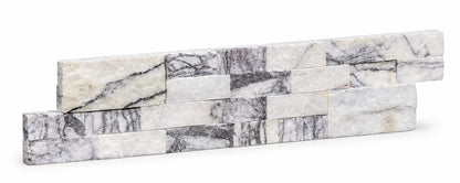Angled view of a Calacatta Viola split face marble ledger panel with stepped ends on a white background.