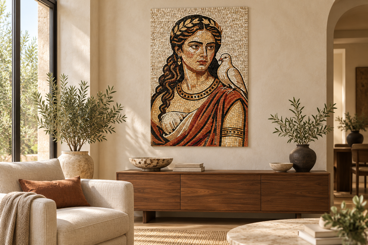 AI-generated interior concept showing The Peace of Calliope mosaic panel on a home living room wall