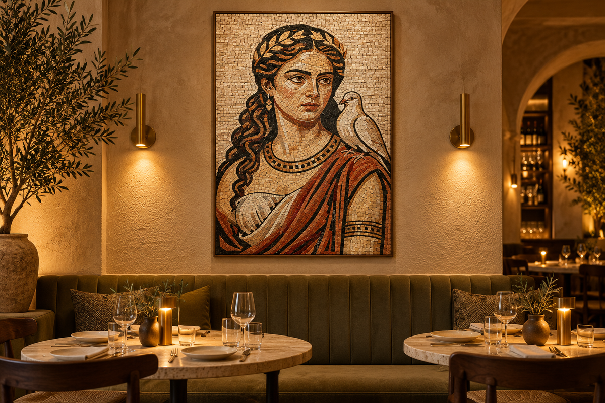 AI-generated restaurant interior concept showing The Peace of Calliope mosaic panel above an olive banquette
