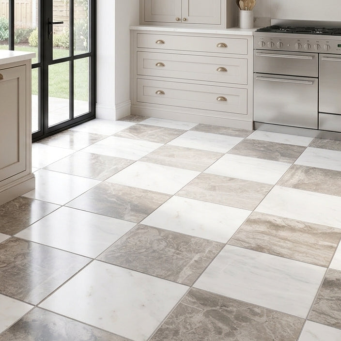 Carrara White - Atlantic Grey Honed Chequerboard Wall & Floor Tiles