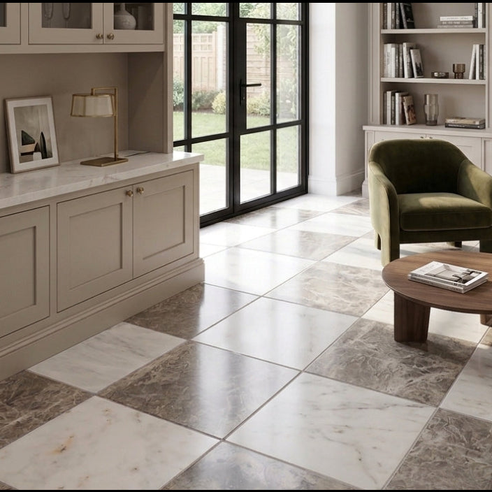 Carrara White - Atlantic Grey Honed Chequerboard Wall & Floor Tiles