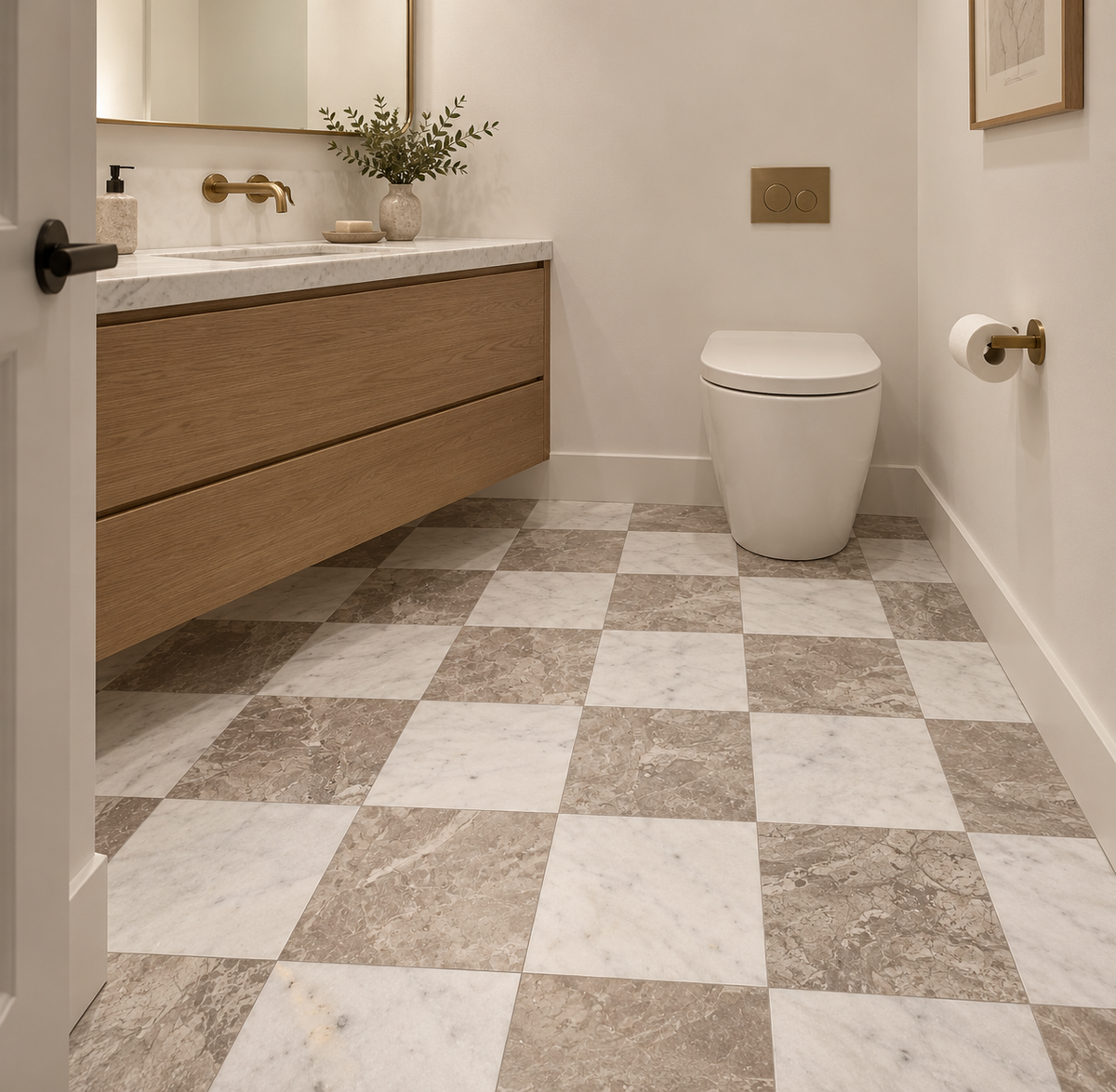 Carrara White - Atlantic Grey Honed Chequerboard tiles: installed on a bathroom floor