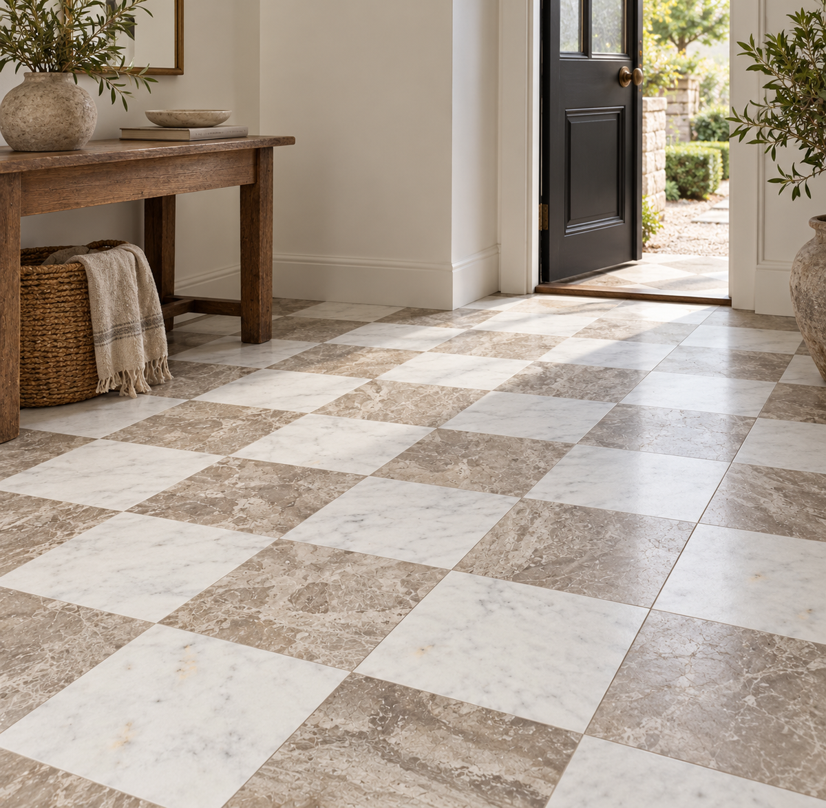 Carrara White - Atlantic Grey Honed Chequerboard tiles: installed on an entrance hallway floor