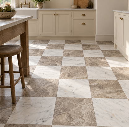 Carrara White - Atlantic Grey Honed Chequerboard tiles: installed on a kitchen floor