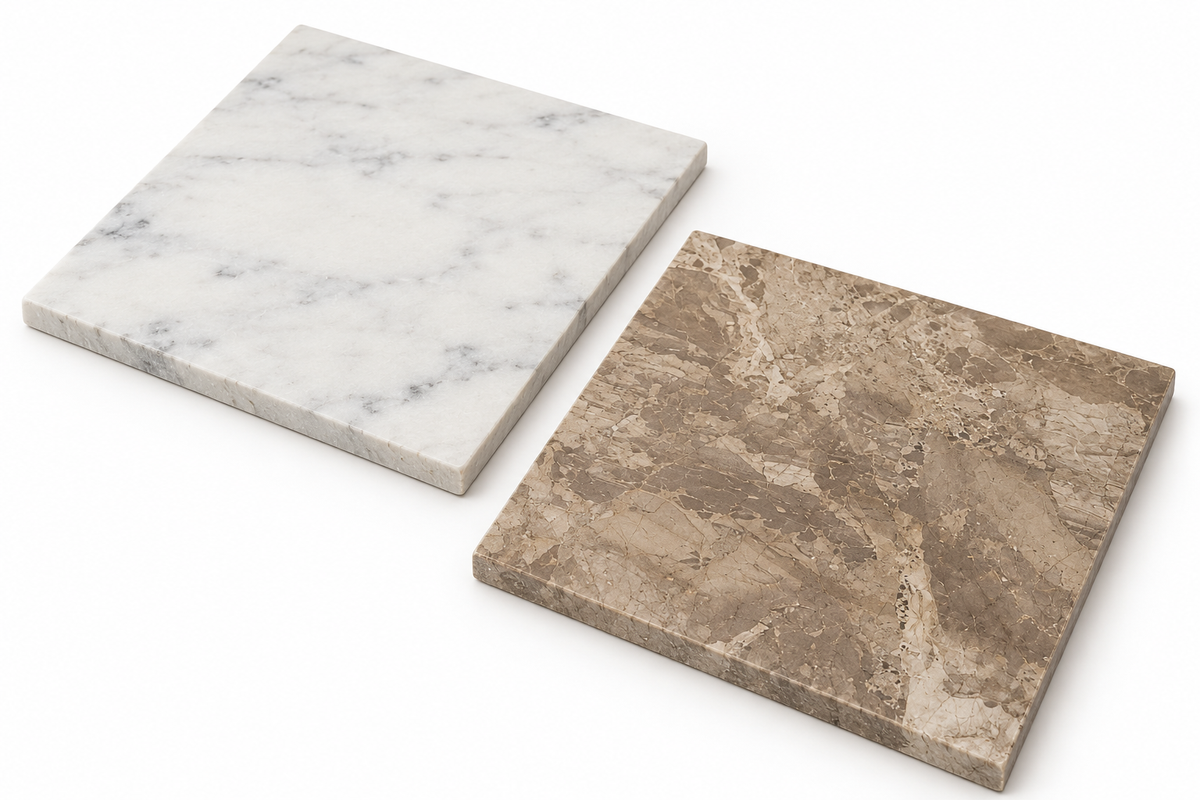 Carrara White - Atlantic Grey Honed Chequerboard tiles: angled view showing the stone face and raw sawn edges
