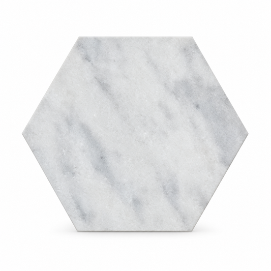 Carrara White Honed Marble Hexagon tiles: front view showing natural stone surface