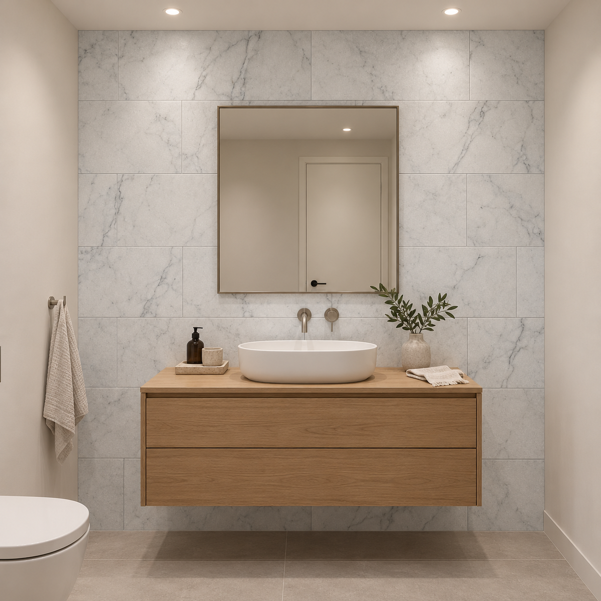 Carrara White Honed White Marble tiles: installed on a bathroom vanity wall