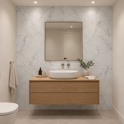 Carrara White Honed White Marble tiles: installed on a bathroom vanity wall