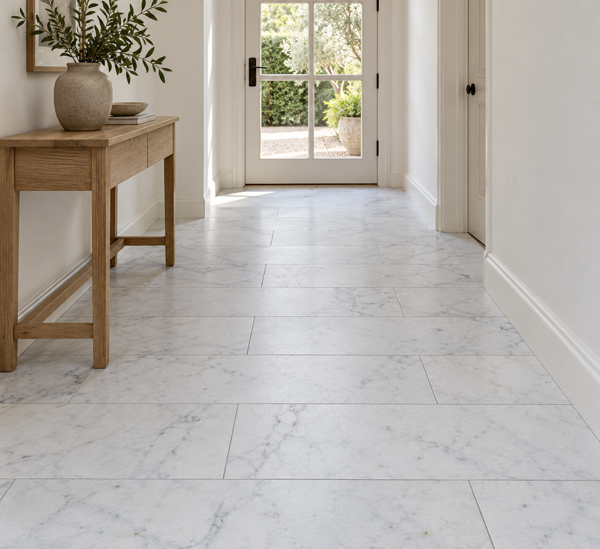 Carrara White Honed White Marble tiles: installed on an entrance hallway floor