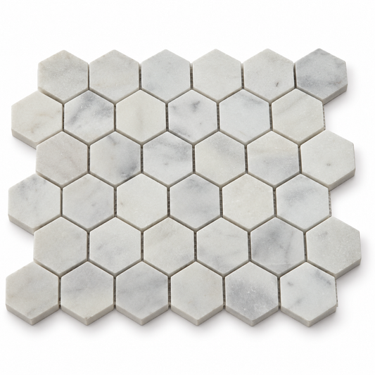 Carrara White Honed Marble Hexagon Mosaic Tiles 48x48 — angled sheet showing 10 mm natural marble edges and mesh backing