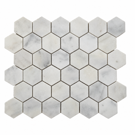 Carrara White Honed Marble Hexagon Mosaic Tiles 48x48 — full mesh-backed mosaic sheet on a white background