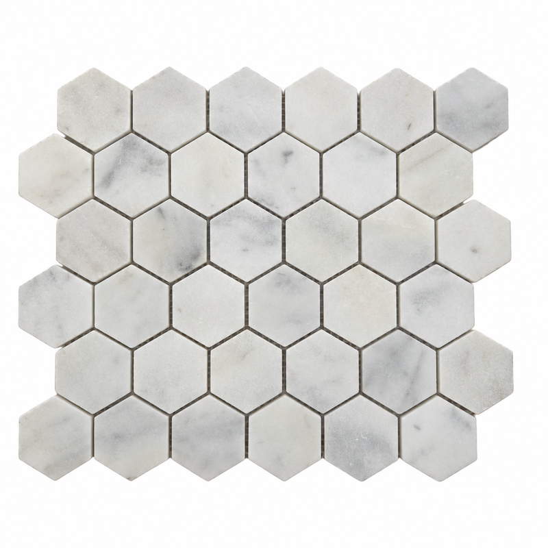 Carrara White Honed Marble Hexagon Mosaic Tiles 48x48