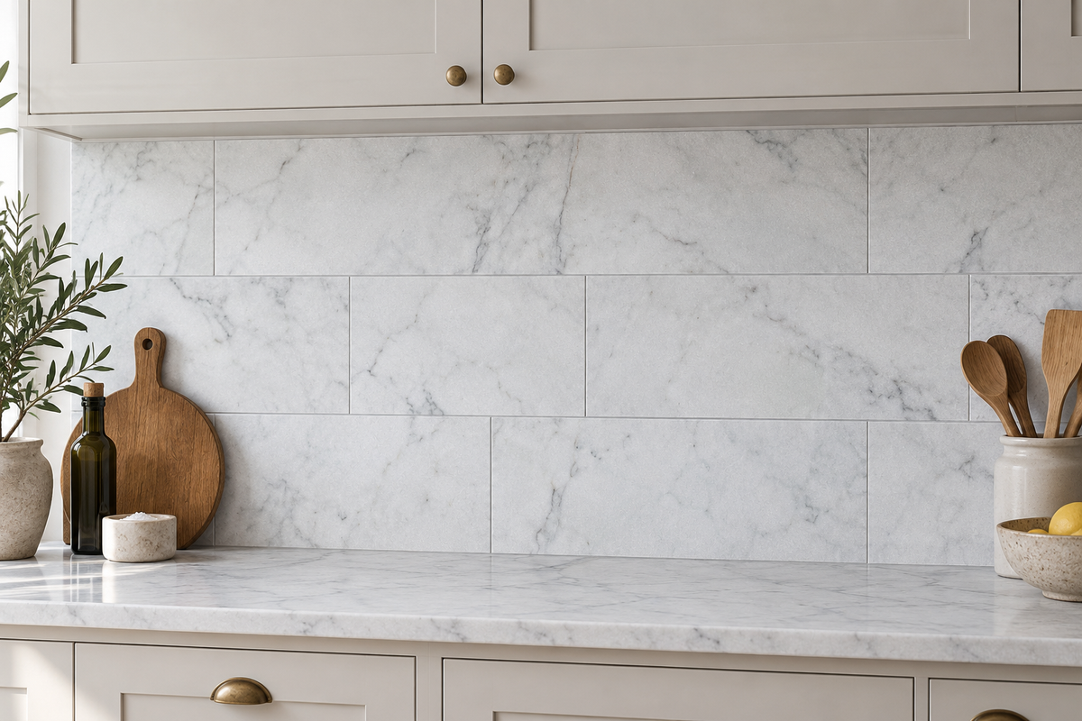 Carrara White Honed White Marble tiles: installed as a kitchen splashback