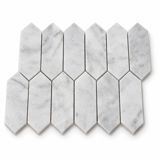 Carrara White Honed Marble Picket Mosaic Tiles — angled sheet showing 10 mm natural marble edges and mesh backing