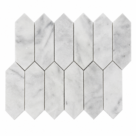 Carrara White Honed Marble Picket Mosaic Tiles — full mesh-backed mosaic sheet on a white background