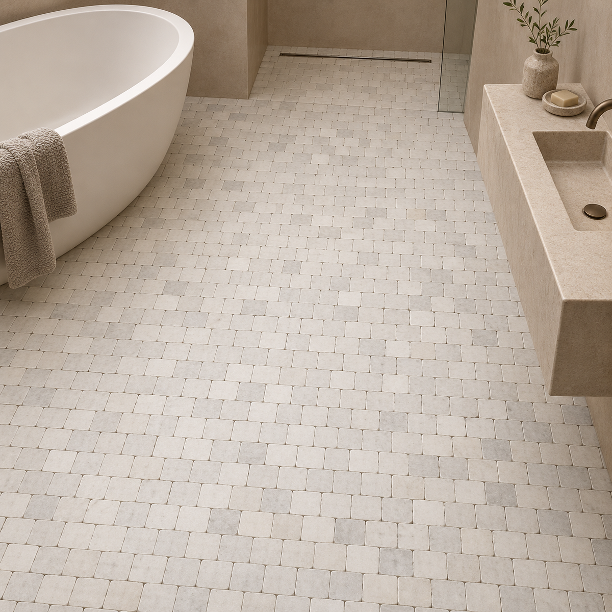 Carrara White Honed Marble Rustic Edge Square Mosaic Tile — installed as bathroom mosaic flooring