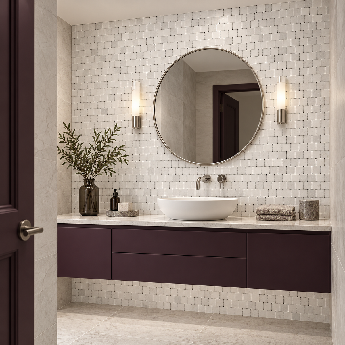 Carrara White Honed Marble Rustic Edge Square Mosaic Tile — installed on a windowless bathroom feature wall