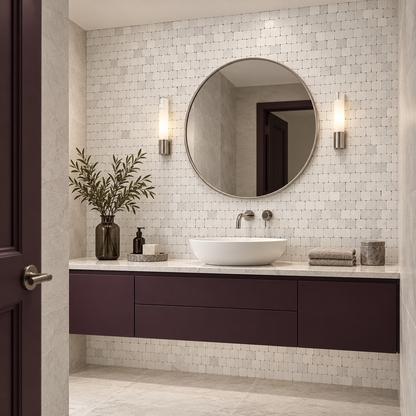 Carrara White Honed Marble Rustic Edge Square Mosaic Tile — installed on a windowless bathroom feature wall