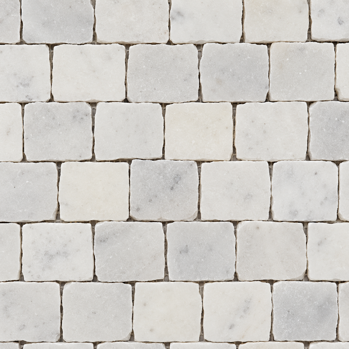 Carrara White Honed Marble Rustic Edge Square Mosaic Tile — close-up of natural marble texture, finish and chip pattern