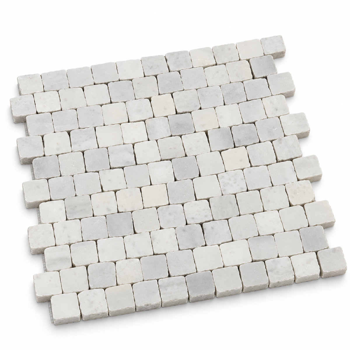 Carrara White Honed Marble Rustic Edge Square Mosaic Tile — angled sheet showing 10 mm natural marble edges and mesh backing