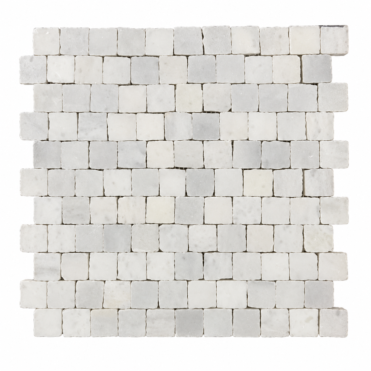 Carrara White Honed Marble Rustic Edge Square Mosaic Tile — full mesh-backed mosaic sheet on a white background