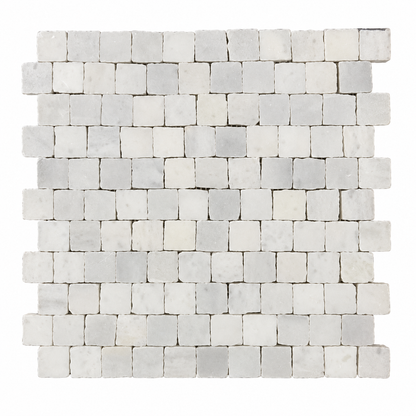Carrara White Honed Marble Rustic Edge Square Mosaic Tile — full mesh-backed mosaic sheet on a white background