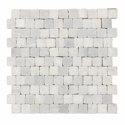 Carrara White Honed Marble Rustic Edge Square Mosaic Tile — full mesh-backed mosaic sheet on a white background