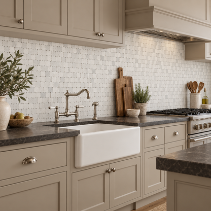 Carrara White Honed Marble Rustic Edge Square Mosaic Tile — installed as a kitchen mosaic splashback
