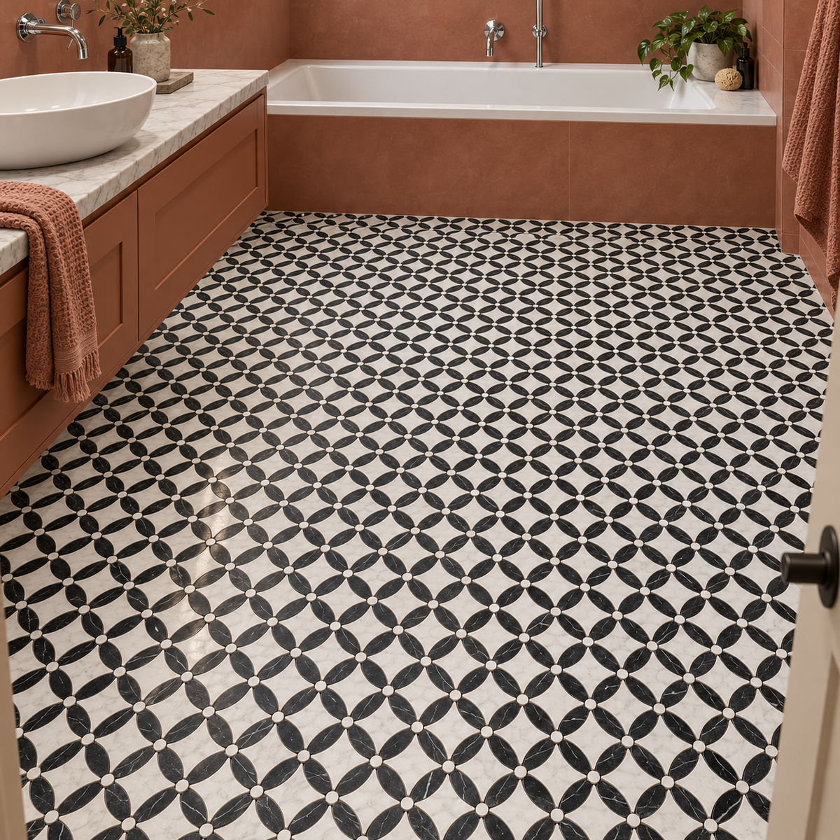 Carrara White- Nero Marquina Polished Marble Flower Mosaic Tiles — installed as bathroom mosaic flooring