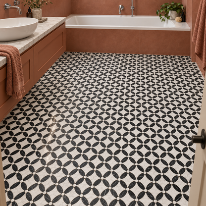 Carrara White- Nero Marquina Polished Marble Flower Mosaic Tiles — installed as bathroom mosaic flooring