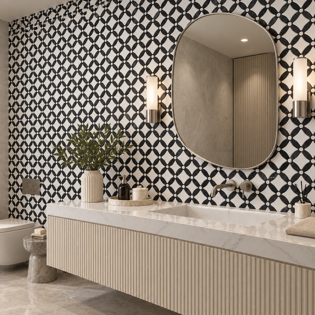 Carrara White- Nero Marquina Polished Marble Flower Mosaic Tiles — installed on a windowless bathroom feature wall