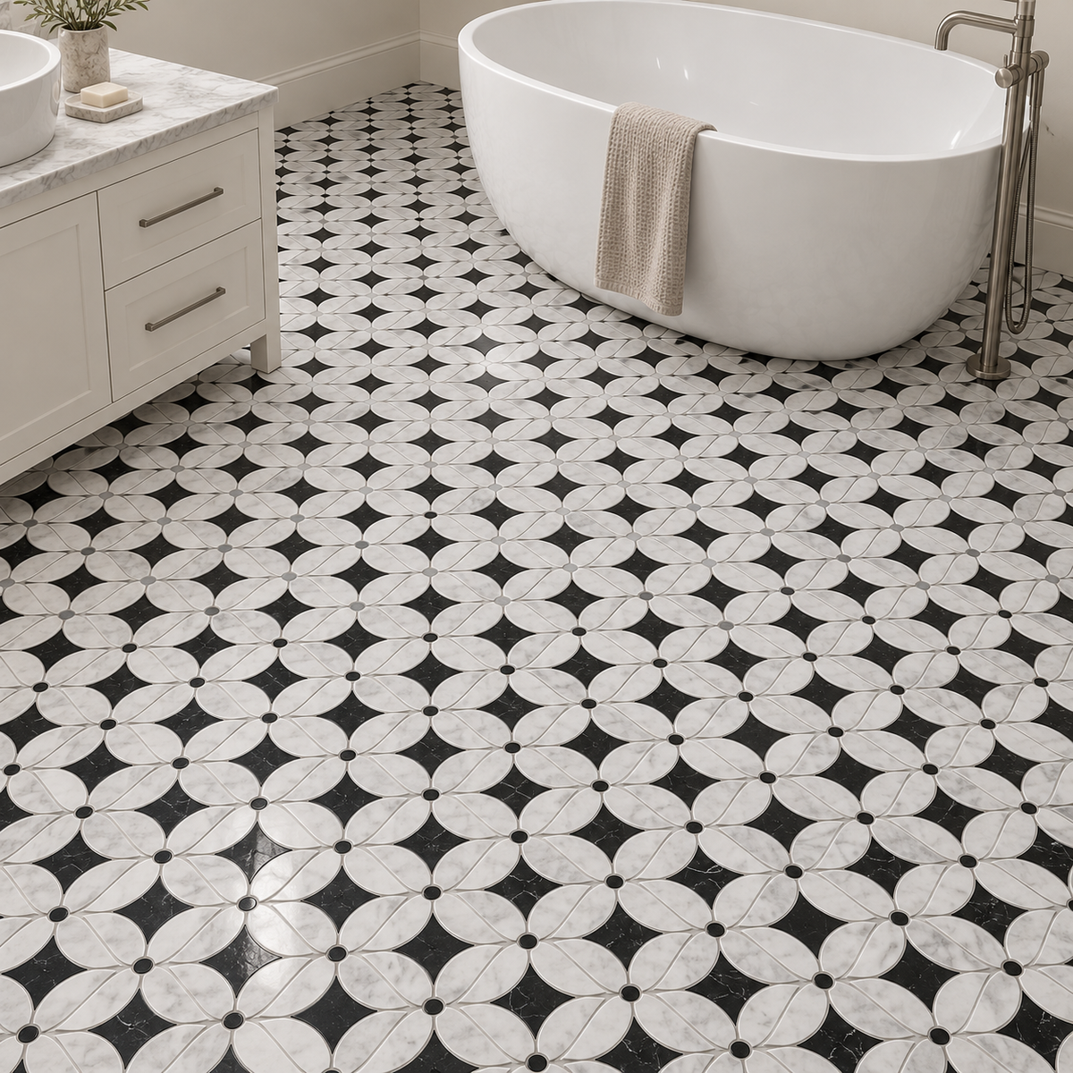 Carrara White- Nero Marquina Polished Marble Flower Mosaic Tiles (Black Dot) — installed as bathroom mosaic flooring
