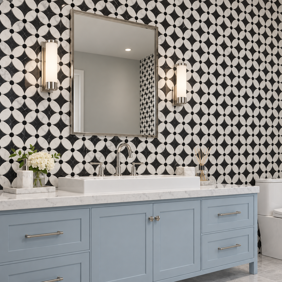 Carrara White- Nero Marquina Polished Marble Flower Mosaic Tiles (Black Dot) — installed on a windowless bathroom feature wall