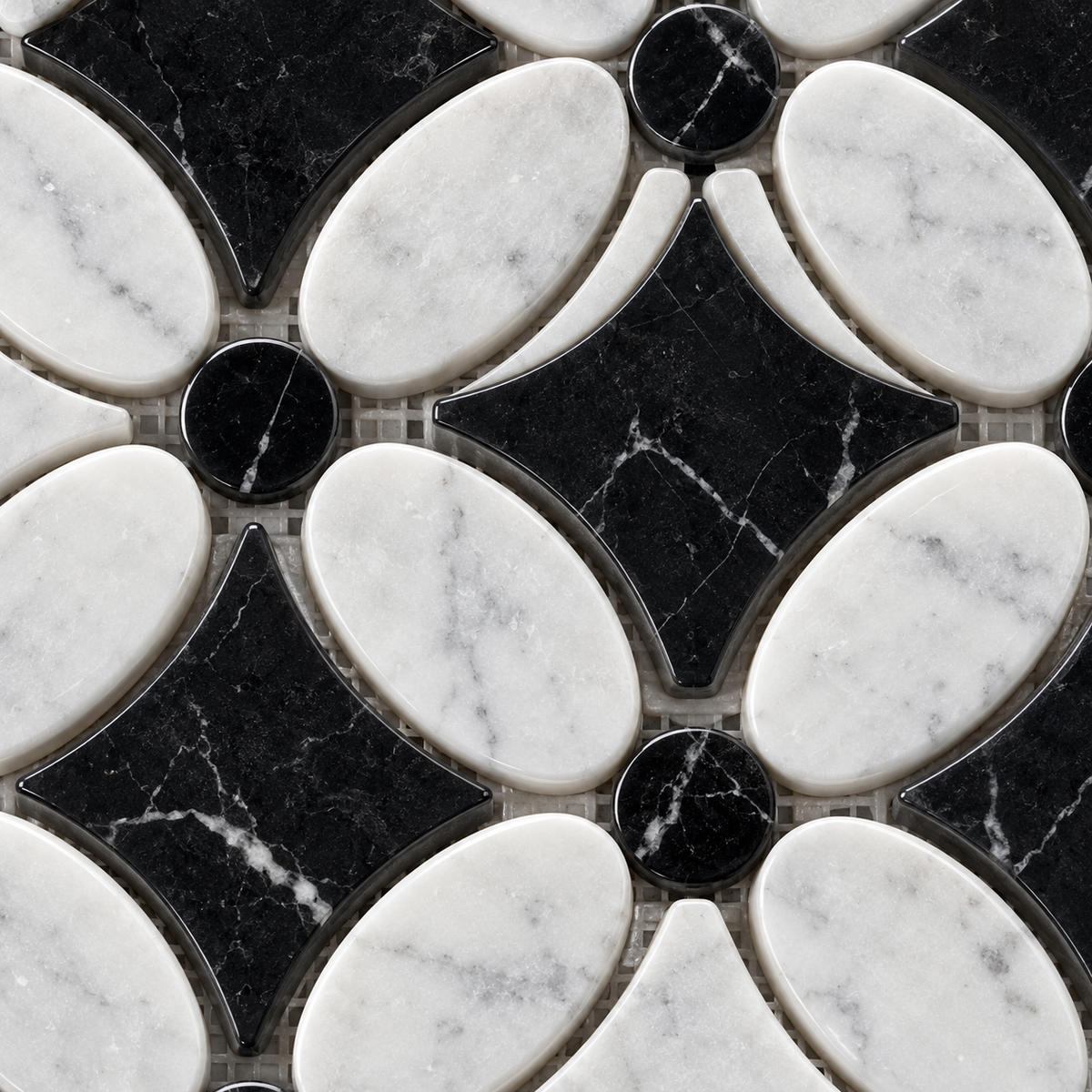 Carrara White- Nero Marquina Polished Marble Flower Mosaic Tiles (Black Dot) — macro close-up of natural marble texture, finish and mosaic chip detail