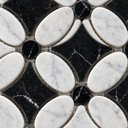 Carrara White- Nero Marquina Polished Marble Flower Mosaic Tiles (Black Dot) — macro close-up of natural marble texture, finish and mosaic chip detail