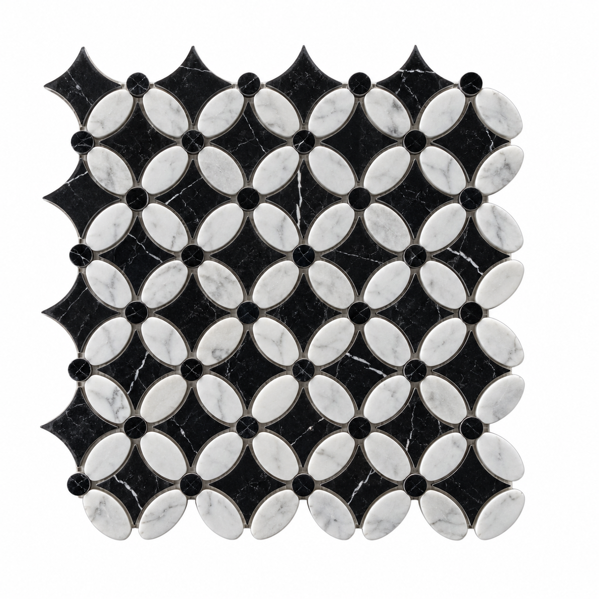 Carrara White- Nero Marquina Polished Marble Flower Mosaic Tiles (Black Dot) — full mesh-backed sheet on a white background
