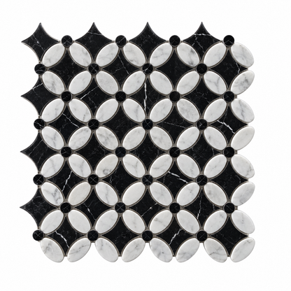 Carrara White- Nero Marquina Polished Marble Flower Mosaic Tiles (Black Dot) — full mesh-backed sheet on a white background