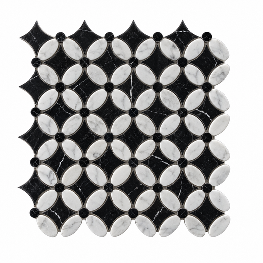 Carrara White- Nero Marquina Polished Marble Flower Mosaic Tiles (Black Dot) — full mesh-backed sheet on a white background
