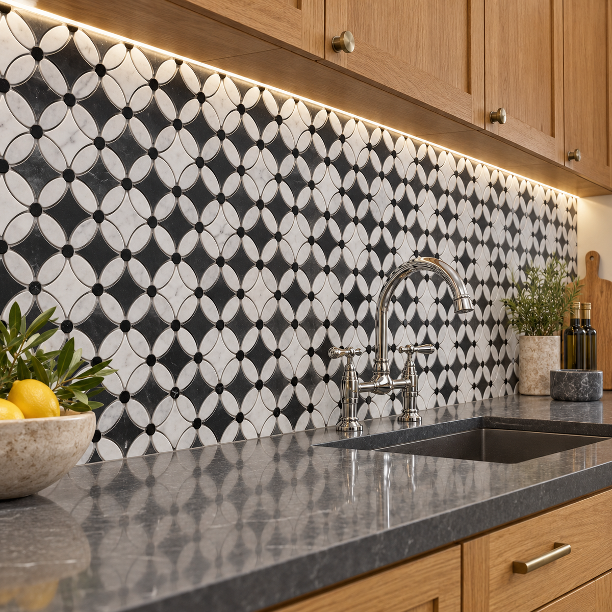 Carrara White- Nero Marquina Polished Marble Flower Mosaic Tiles (Black Dot) — installed as a kitchen mosaic splashback