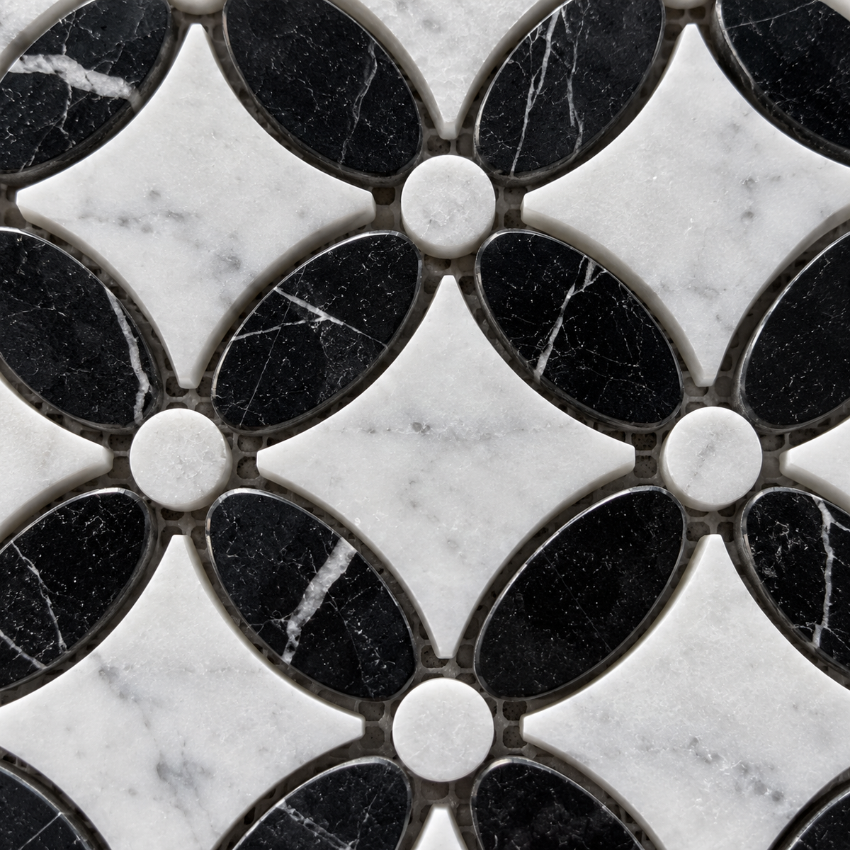 Carrara White- Nero Marquina Polished Marble Flower Mosaic Tiles — macro close-up of natural marble texture, finish and mosaic chip detail