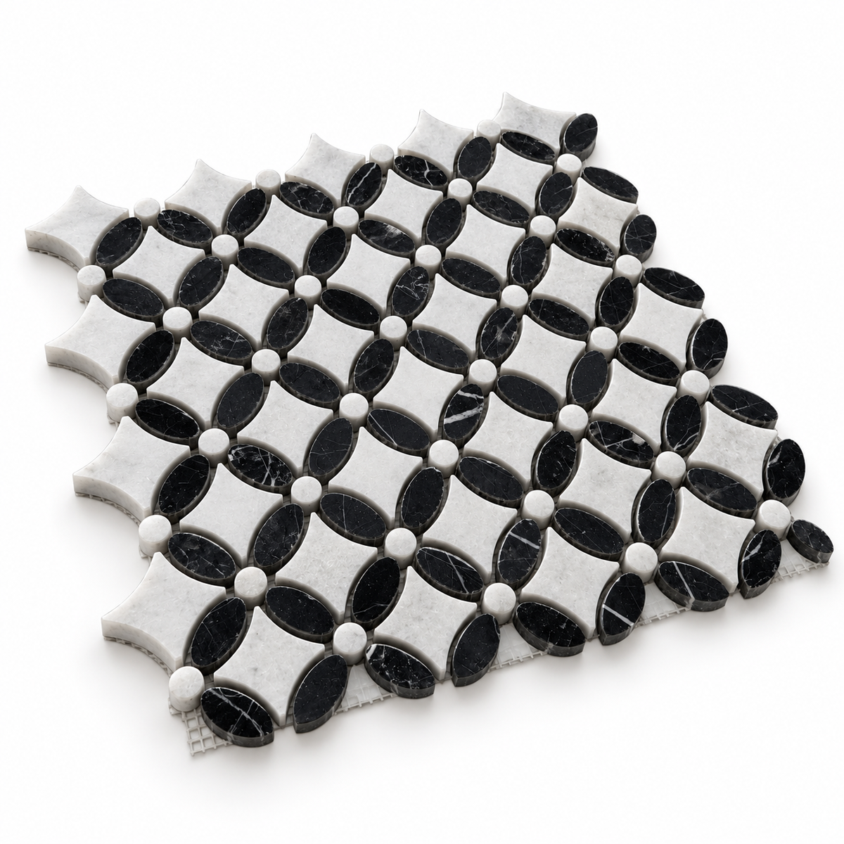 Carrara White- Nero Marquina Polished Marble Flower Mosaic Tiles — angled sheet showing 10 mm marble edges and mesh backing