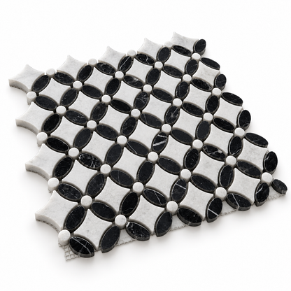 Carrara White- Nero Marquina Polished Marble Flower Mosaic Tiles — angled sheet showing 10 mm marble edges and mesh backing