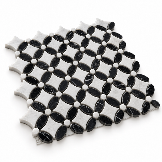 Carrara White- Nero Marquina Polished Marble Flower Mosaic Tiles — angled sheet showing 10 mm marble edges and mesh backing