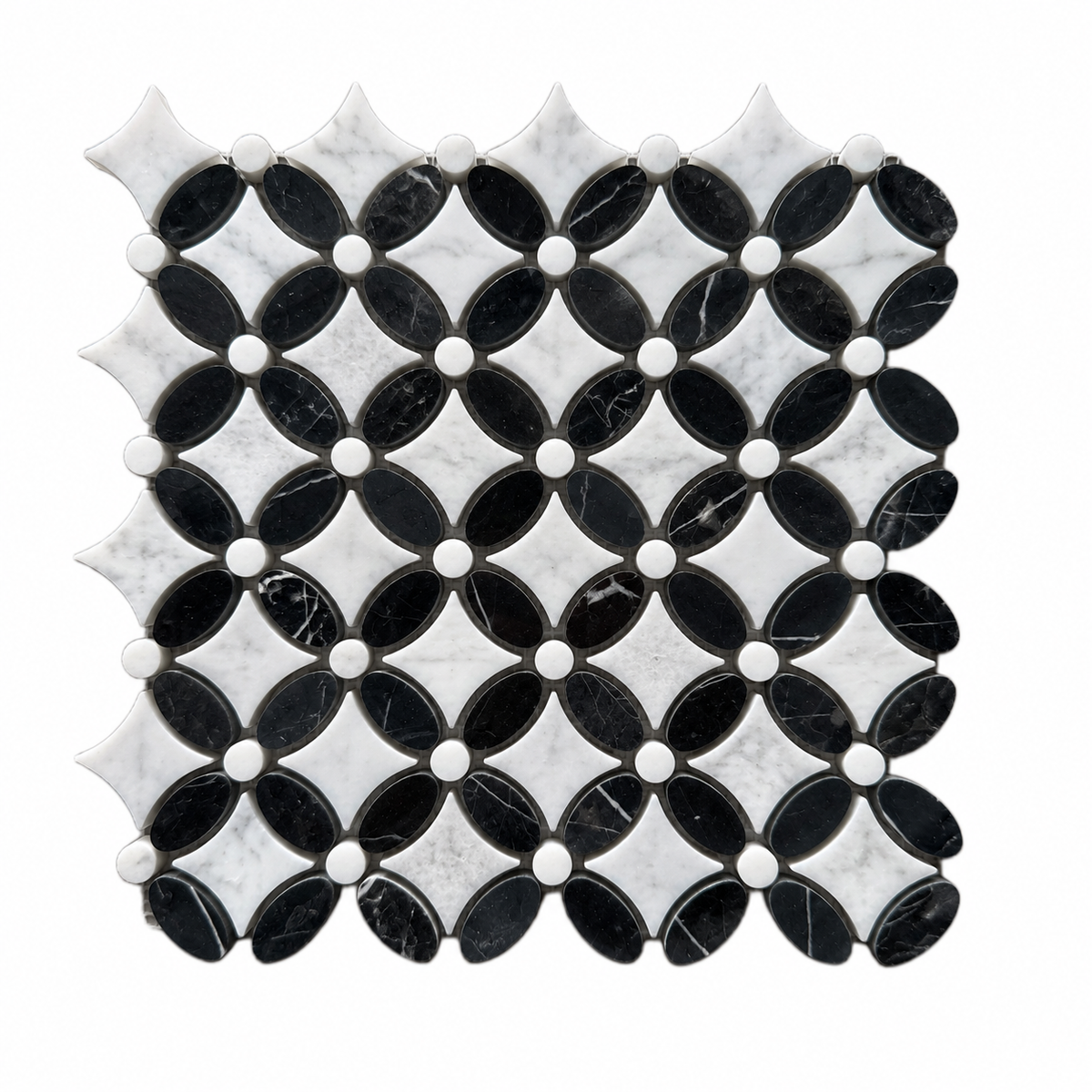 Carrara White- Nero Marquina Polished Marble Flower Mosaic Tiles — full mesh-backed sheet on a white background