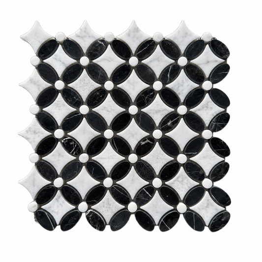 Carrara White- Nero Marquina Polished Marble Flower Mosaic Tiles — full mesh-backed sheet on a white background